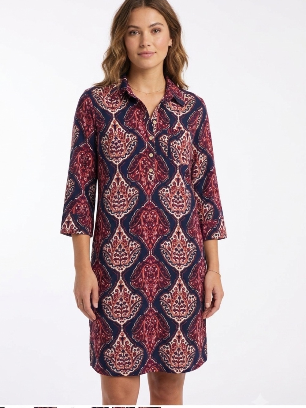 𝅺Tracy Negoshian Navy Orange Lily 3/4 Sleeve Shift Dress Medium